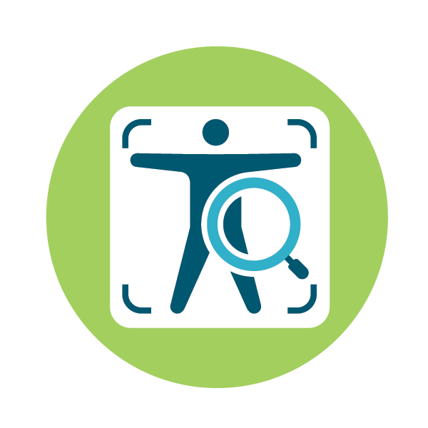 Icon of a person with arms and legs outstretched inside a rounded square, overlaid with a magnifying glass, all within a green circle on a light background.