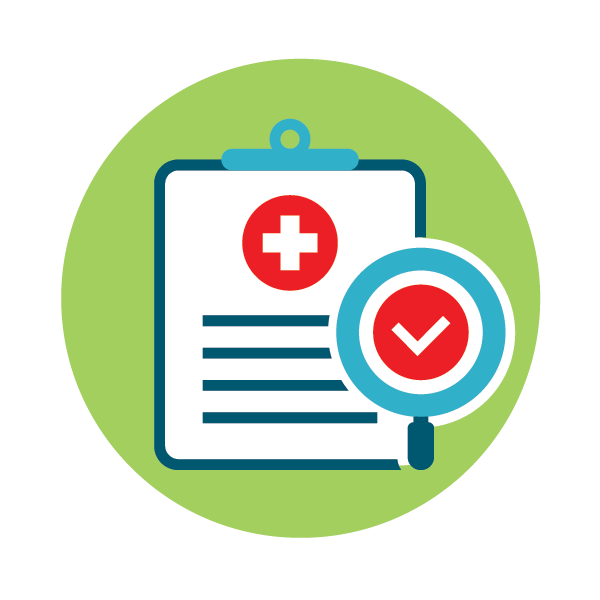 Illustration of a medical clipboard with a red cross and a magnifying glass showing a red check mark, set against a green circle background.