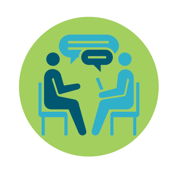 Icon of two people sitting on chairs facing each other, with speech bubbles above them, suggesting a conversation or interview, on a green circular background.