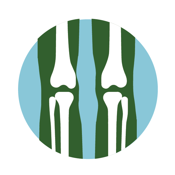 Illustration of two knees with visible bones, showing the femur, patella, tibia, and fibula in white against a green background, all inside a circular blue frame.