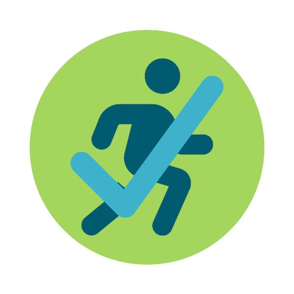 A dark blue stick figure running inside a green circle with a large blue check mark overlaid on top.