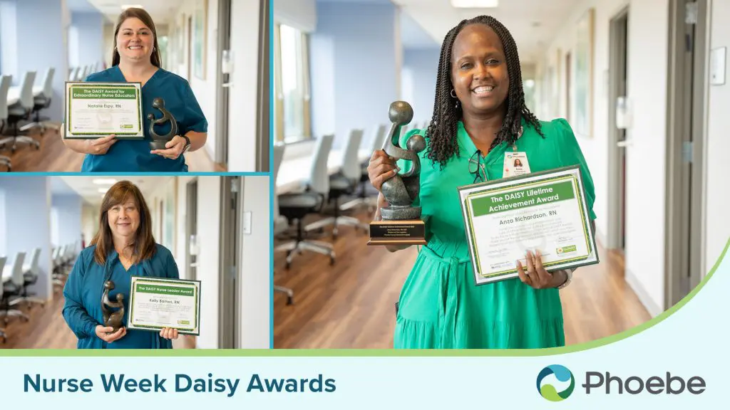 Three nurses pose with DAISY Awards certificates and trophies in a bright hospital hallway and conference room. Text at the bottom reads Nurses Week DAISY Awards with the Phoebe logo.