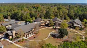 Aerial view of the Phoebe Hospice campus: rustic buildings, sloped roofs, lawns, and walkways in a wooded, park-like setting.