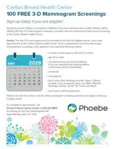 Flyer offering 100 free mammograms for Mother's Day in May 2026 at Carlton Breast Health Center; details and contact info included.