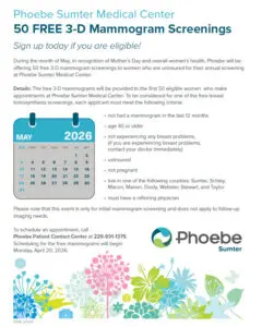 Flyer from Phoebe Sumter offering 50 free mammograms in May for Mother’s Day, with eligibility and contact details included.