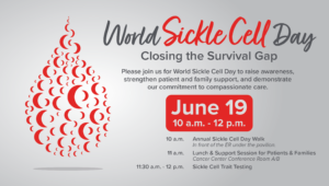 Poster for World Sickle Cell Day hosted by Phoebe, featuring a red blood drop graphic and June 19, 10 a.m.–12 p.m. event details.