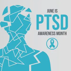 Abstract blue figure next to text: Raise awareness for PTSD during PTSD Awareness Month, with a blue awareness ribbon symbol.