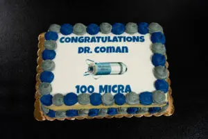 Phoebe Electrophysiologist Reaches Advanced Pacemaker Milestone 6 Rectangular cake with blue and gray icing, celebrating an electrophysiology milestone, featuring an advanced pacemaker image.