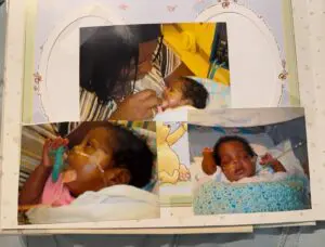 Three photos: a woman feeds her NICU baby with oxygen tubes, plus two close-ups of the baby with a pacifier and oxygen support.