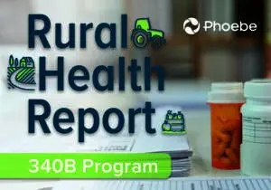 Rural Health Report: 340B Program with pills, papers, medical graphics; organization logo in top right.