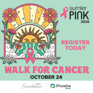 Retro sun and flowers graphic, pink ribbon, Sumter Pink Walk for Cancer event. October 24. Register today!.