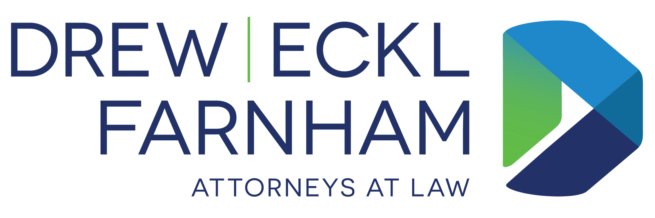 Drew Eckl Farnham Attorneys at Law logo featuring a blue and green geometric design on the right.