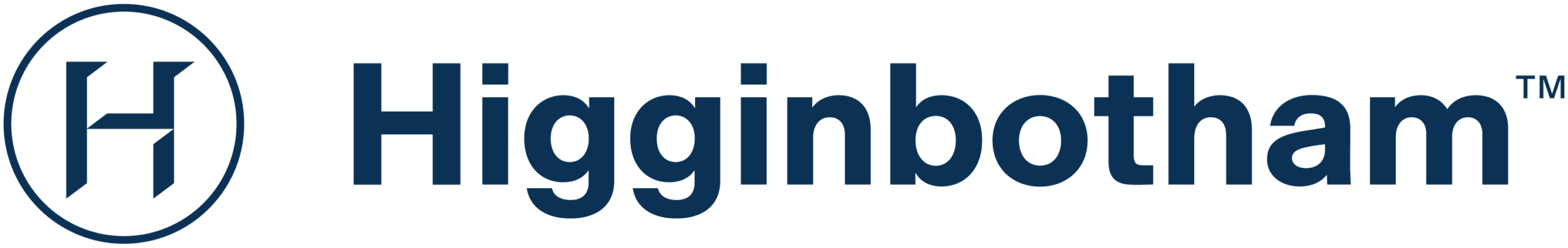 Higginbotham logo showing a circled H symbol left of the company name in bold, navy blue text.