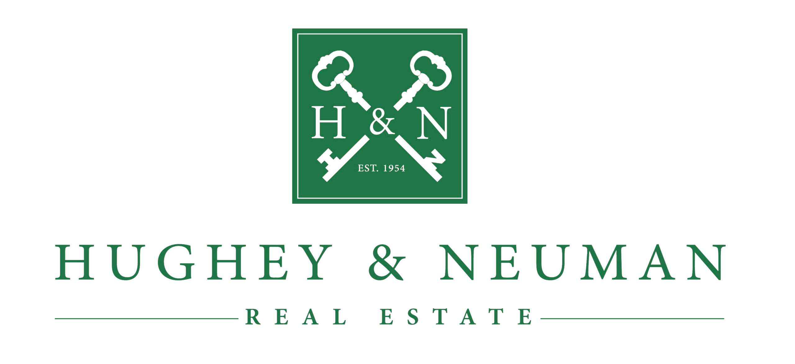 Green logo with two crossed keys, H & N, Est. 1954, and the text Hughey & Neuman Real Estate. No person is identified.