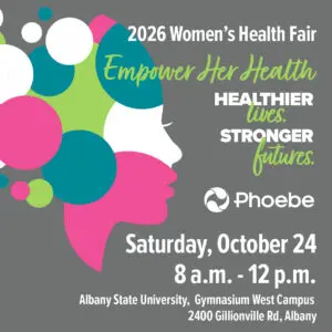 Flyer for the 2026 Women’s Health Fair on Oct 24 at Albany State University, listing event details and the Phoebe logo.