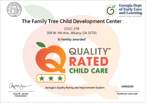 A three-star Georgia Quality Rating certificate for the Family Tree Child Development Center in Albany, Georgia.