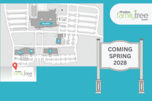 Phoebe Sumter Announces Plans for New On-Campus Childcare Center 3 Map of the Sumter hospital campus showing locations for a new childcare center marked 1A, 1B, 2, and 3, coming spring 2028.