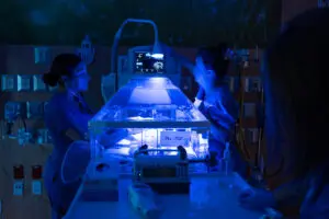 Two medical professionals provide nursing education while attending to an infant in a hospital incubator.