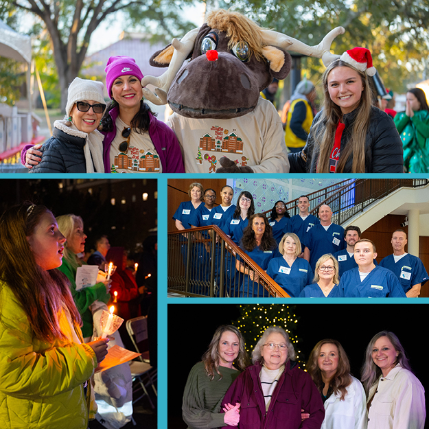 A collage of people at holiday events: three women smiling outdoors, two women with a person in a reindeer costume, Corporate Partners singing at night with candles, a group in blue uniforms, and four women by a lit Christmas tree.