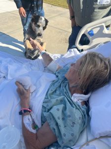 An elderly hospice patient in a hospital bed outdoors holds a dog’s paw, saying goodbye as two people stand nearby.