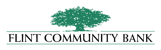 Green tree above “FLINT COMMUNITY BANK” in bold black text, separated by a horizontal line; no people are shown.