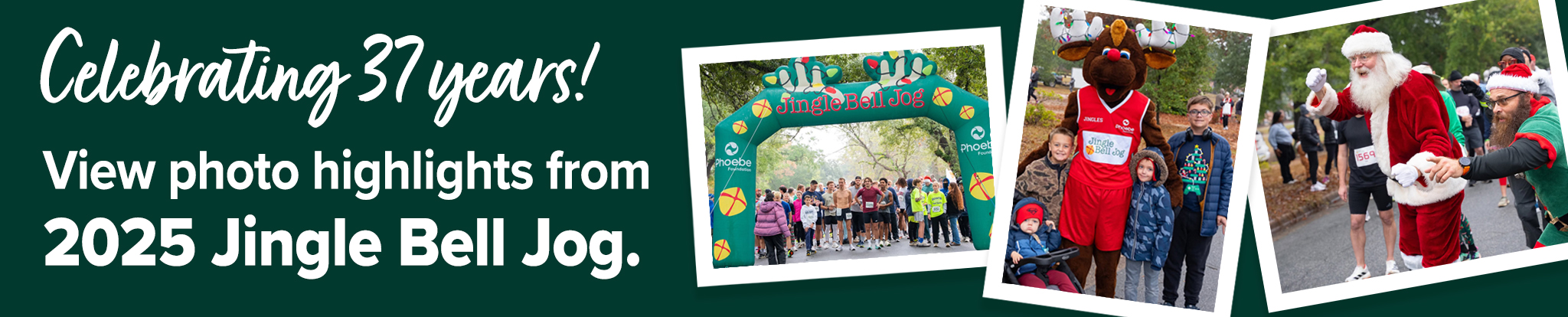 Festive outdoor scenes at the Jingle Bell Jog with runners, Santa, a mascot, and people joyfully celebrating together.