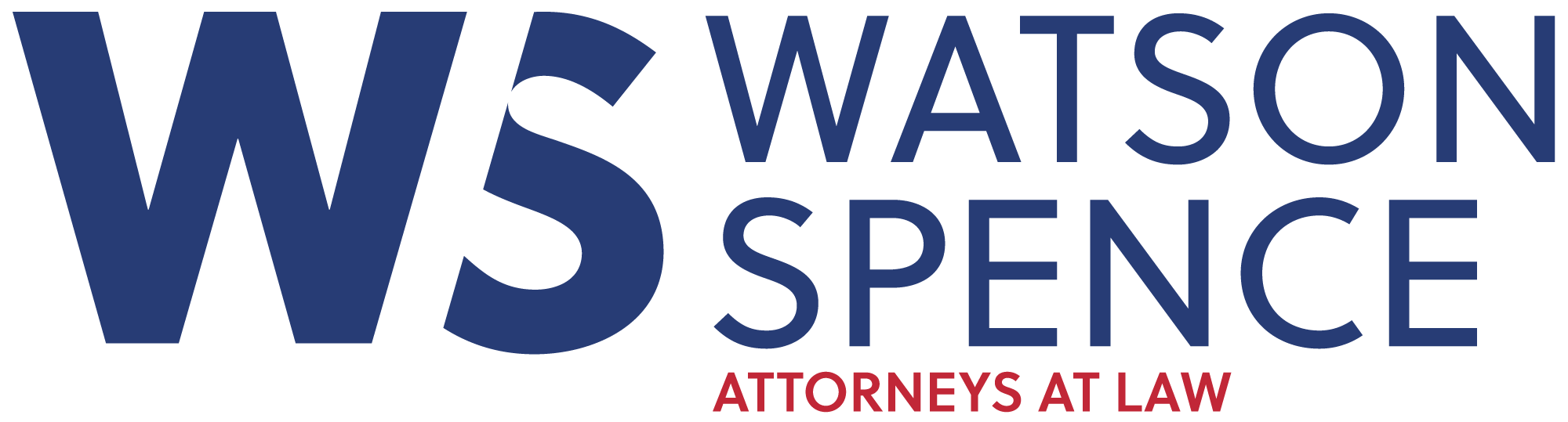 Logo with large blue letters WS, blue text reading Watson Spence, and red text Attorneys at Law beneath. No people depicted.