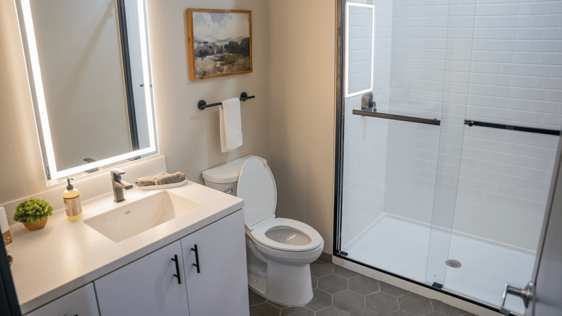 Modern bathroom in a Living & Learning Community with a white vanity, sink, and mirror on the left, a toilet in the center, and a glass-enclosed shower with white tiles on the right. A towel rack and wall art are above the toilet.
