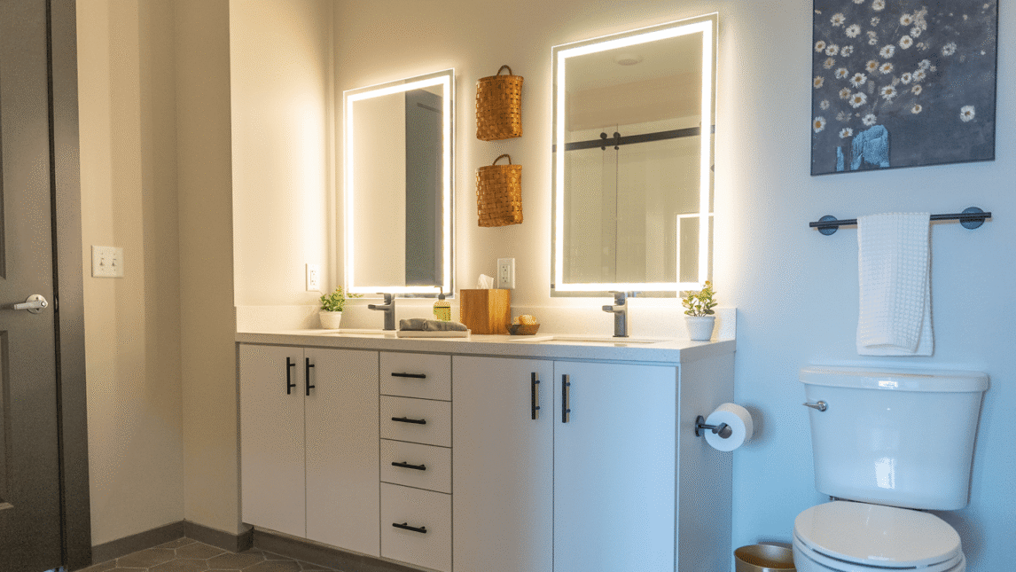 Modern bathroom with double sinks, illuminated mirrors, two small potted plants, white cabinets, and a floral painting on the wall. Perfect for a Living & Learning Community, its warm lighting creates a clean, inviting atmosphere.
