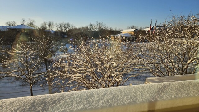 Snow-covered trees and ground are seen from behind a ledge in the foreground after a winter storm, with clear blue sky and sunlight casting long shadows; buildings and flagpoles appear in the background as normal operations resume.